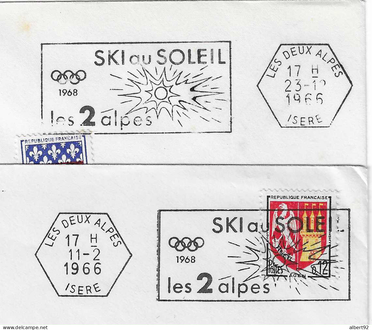 1965/66: Jeux Olympiques D'Hiver De Grenoble 1968: Site Des Deux-Alpes: Flamme Postale à Gauche Et à Droite - Hiver 1968: Grenoble