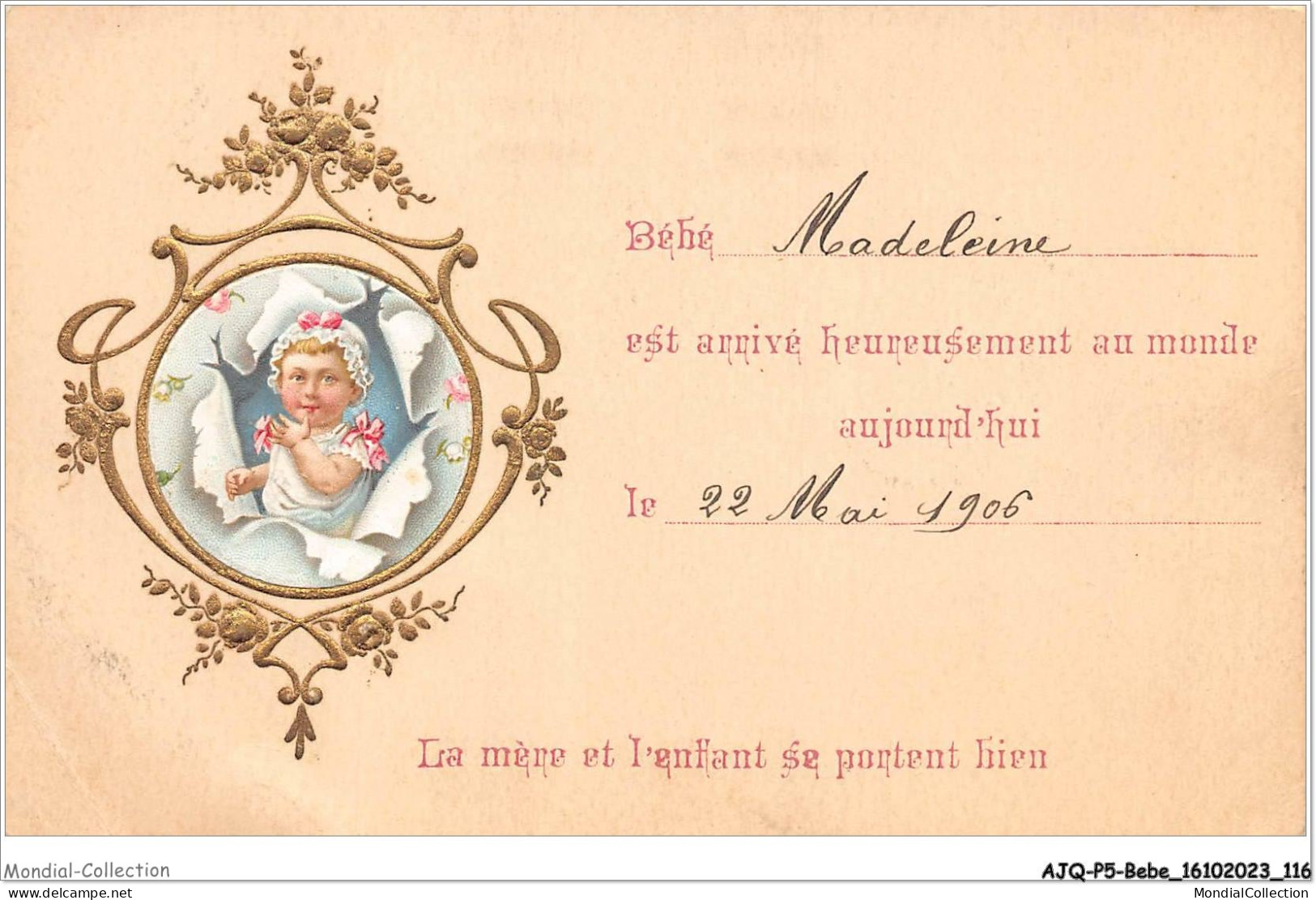 AJQP5-0494 - BEBE - LA MERE ET L'ENFANT SE PORTENT BIEN FAIRE PART NAISSANCE 1906 - Baby's