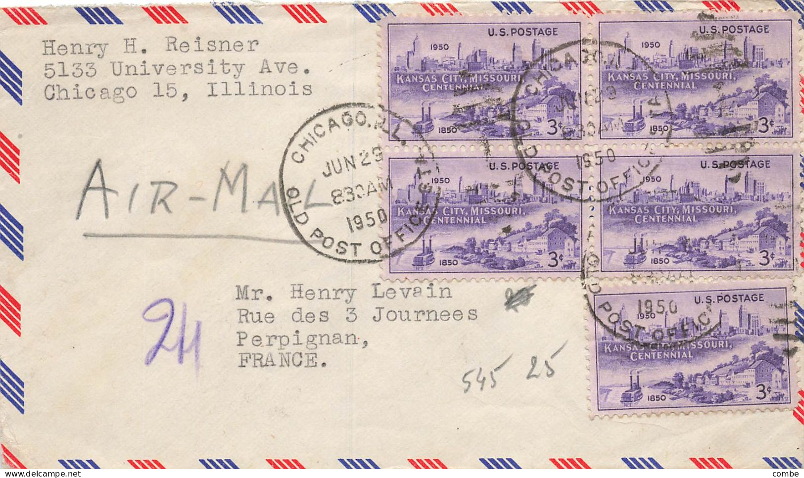 LETTRE. USA. 29 JU 1950. CHICAGO. POUR FRANCE - Cartas & Documentos