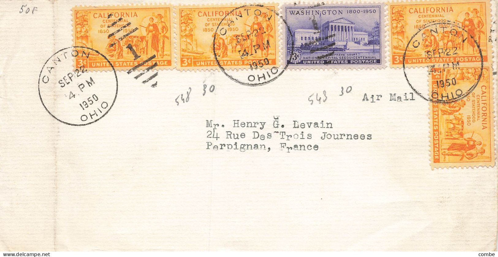 LETTRE. USA. 22 SEPT 1950. CANTON OHIO. POUR FRANCE - Briefe U. Dokumente