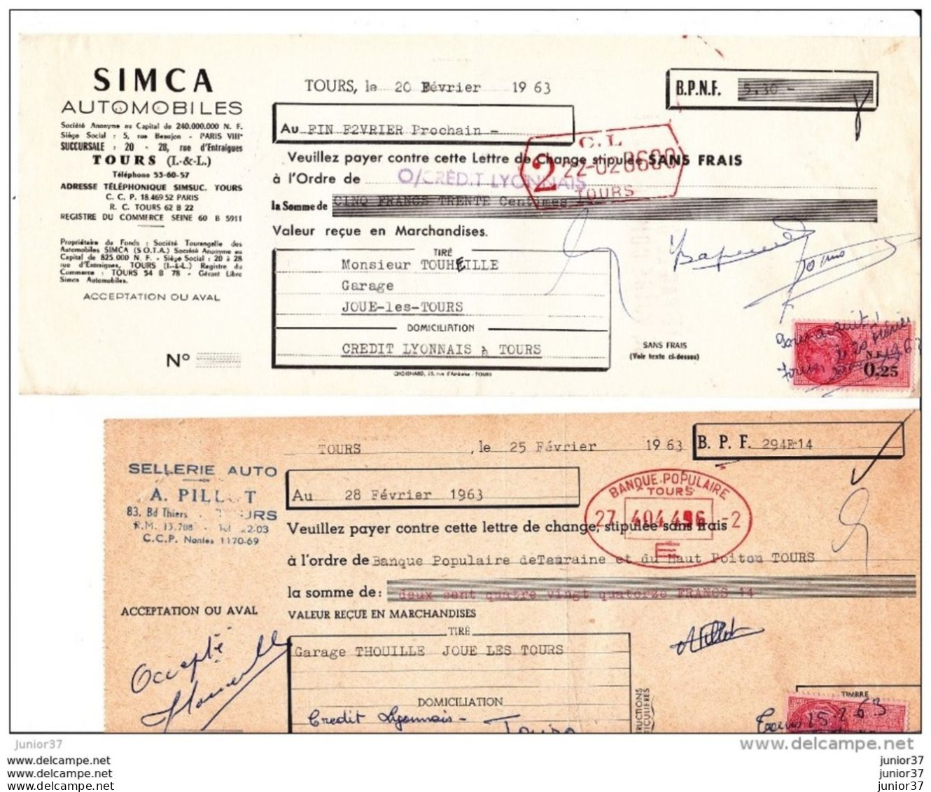 6 Lettres De Change Citroen & Michon &Renault & Simca & A. Pillot - Bills Of Exchange