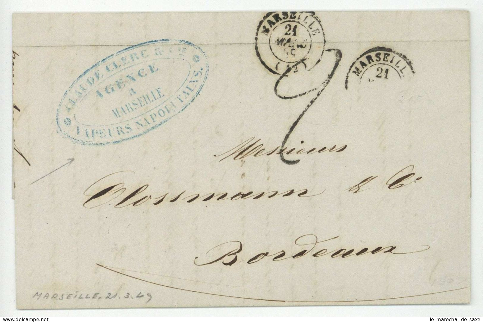 Marseille 1849 Vapeurs Napolitains Pour Bordeaux - 1849-1850 Cérès