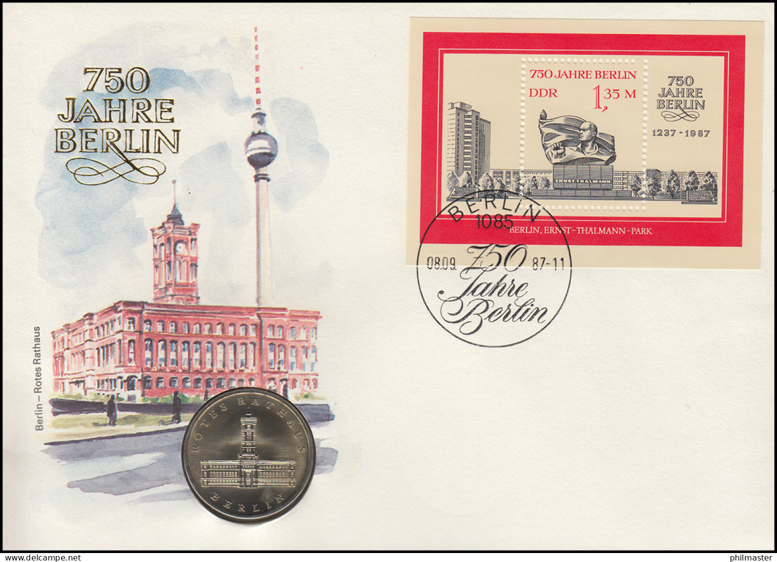 DDR-Numisbrief 750 Jahre Berlin Rotes Rathaus 5-M-Gedenkmünze, Block 89 FDC 1987 - Sobres Numismáticos