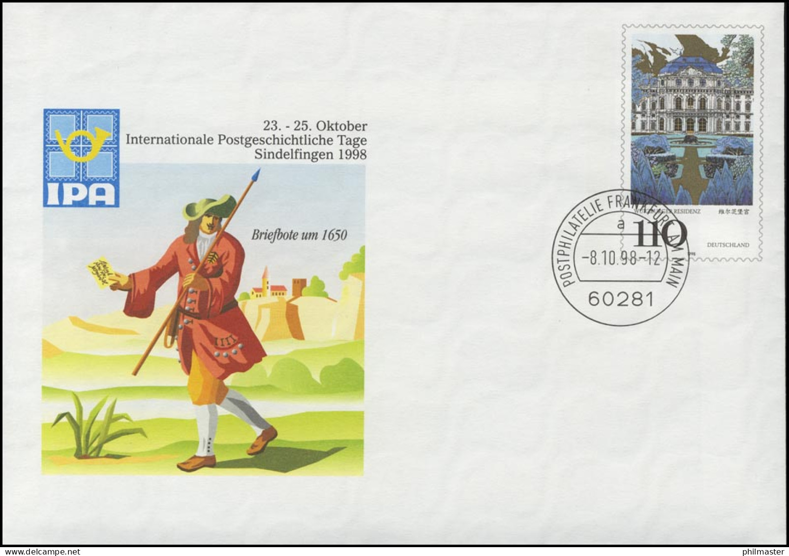 USo 4 Sindelfingen Briefbote IPA 1998, VS-O Frankfurt 8.10.98 - Covers - Mint