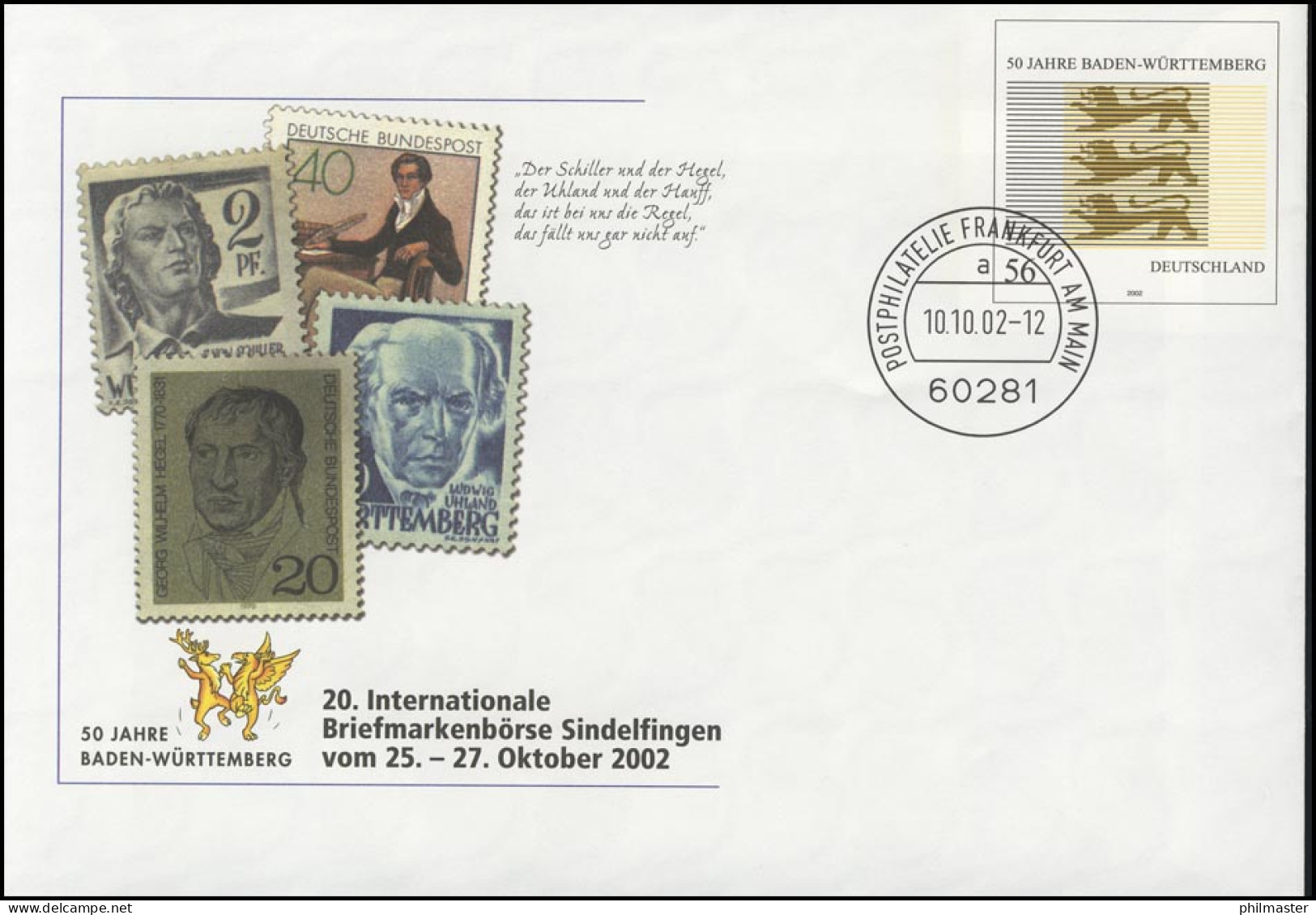 USo 43 Sindelfingen 2002 Und Baden-Württemberg, VS-O Frankfurt 10.10.2002 - Briefomslagen - Ongebruikt