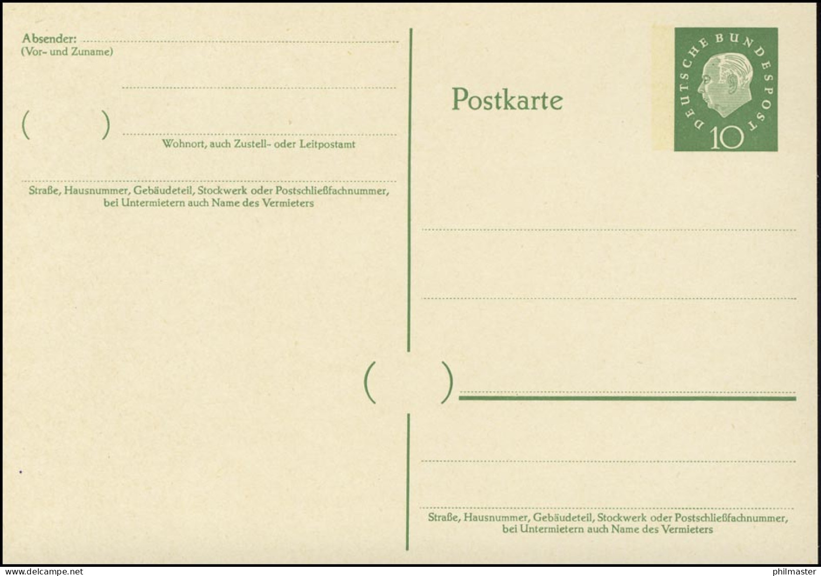 P 43II Heuss II 10 Pf, Mit Beidruck 4x22 Mm, ** - Postcards - Mint