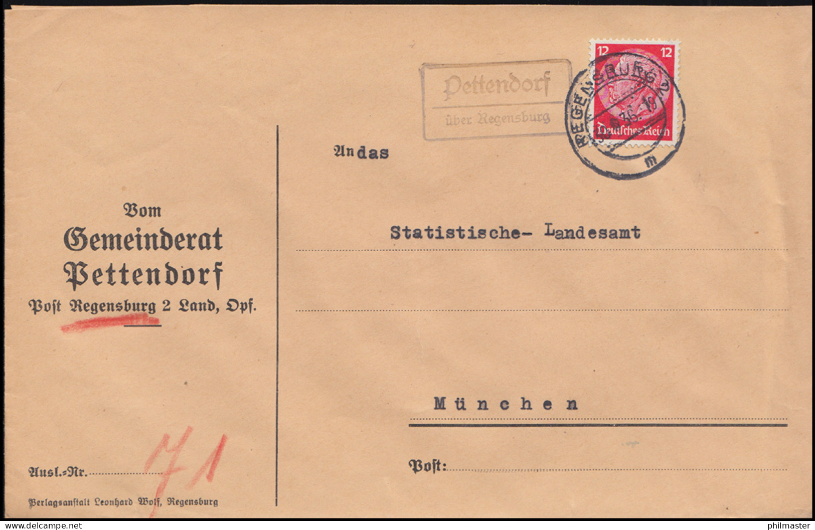 Landpost-Stempel Pettendorf über REGENSBURG 2 - 30.6.1936 Auf Brief Nach München - Covers & Documents