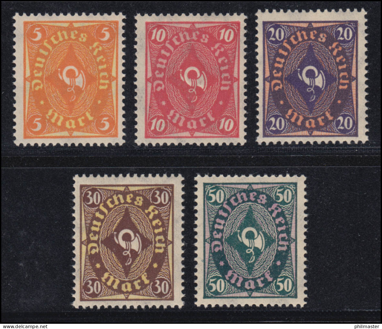 205-209 Posthorn Zweifarbig 1922, 5 Werte, Satz Komplett ** Postfrisch - Nuevos