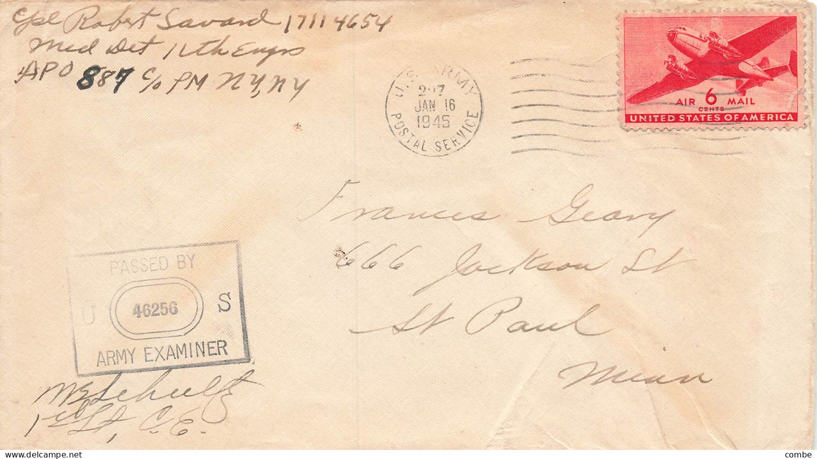 COVER. USA. 16 JAN 45. APO 207. CAMP ATLANTA FRANCE - Briefe U. Dokumente