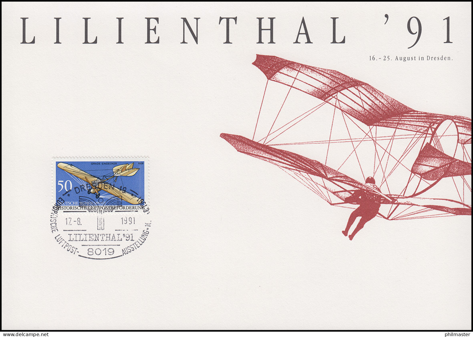 Erinnerungskarte Ausstellung LILIENTHAL'91 Mit 1523 SSt DRESDEN Luftpost 17.8.91 - Airplanes
