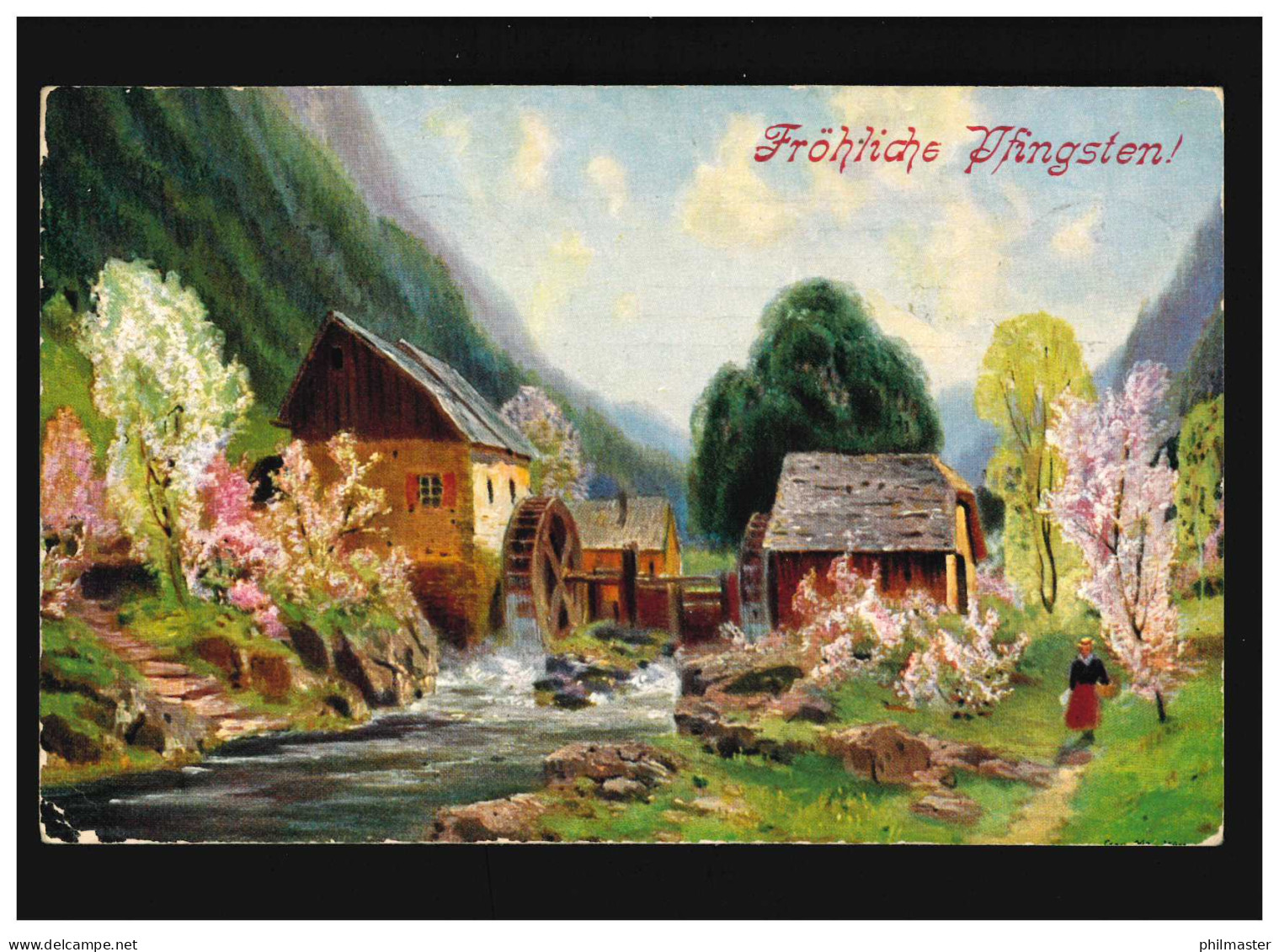 Landwirtschaft Mühle Fluss Mühlrad Blüten Fröhliche Pfingsten, München 10.5.1913 - Autres & Non Classés