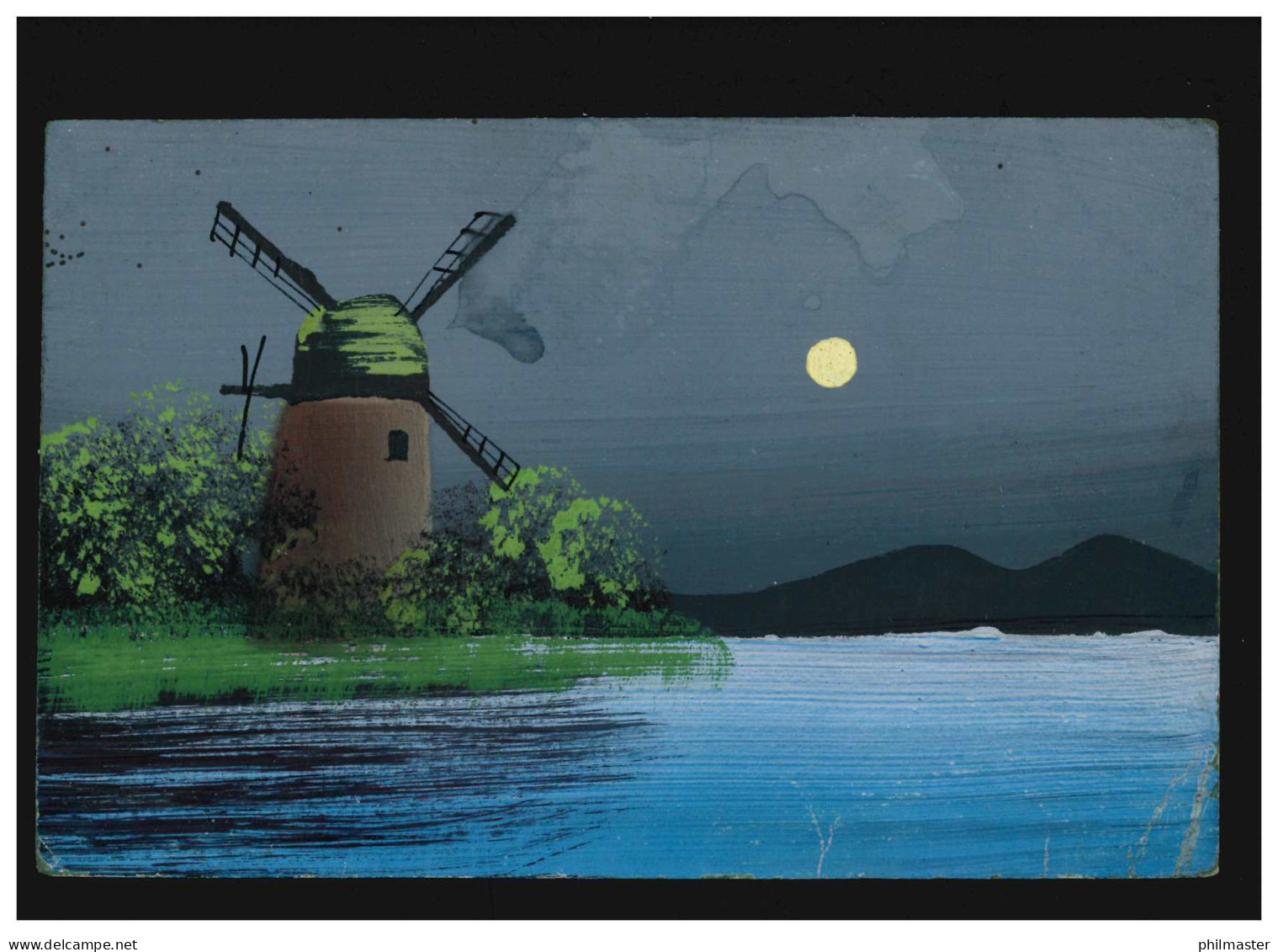 Landwirtschaft Gemälde Windmühle Fluss Mond Nacht Ufer, Gruiten 29.9.1921 - Otros & Sin Clasificación