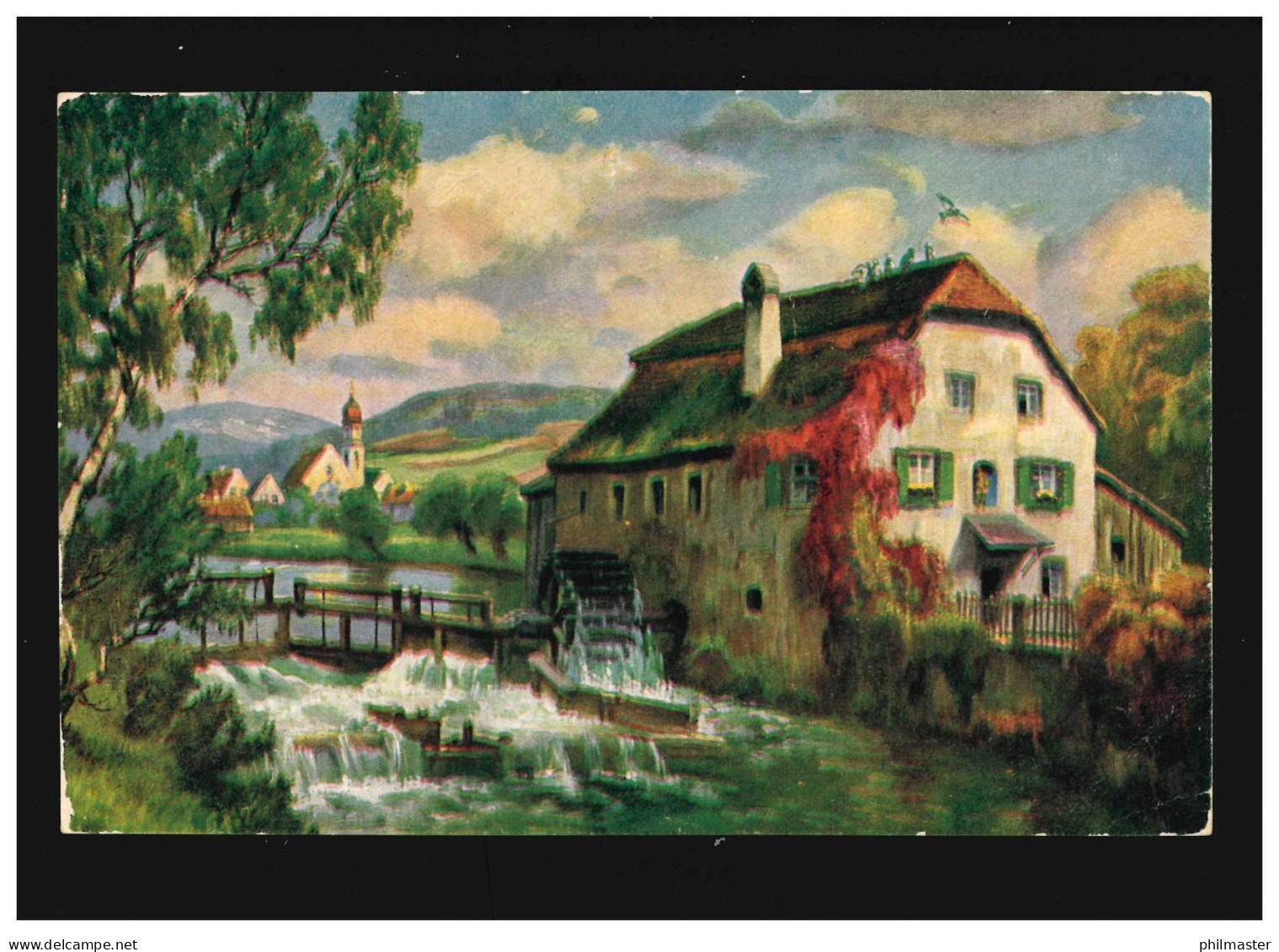 Landwirtschaft Mühle Fluss Steg Wehr Bäume Dorf Landschaft Malerei , Ungebraucht - Otros & Sin Clasificación