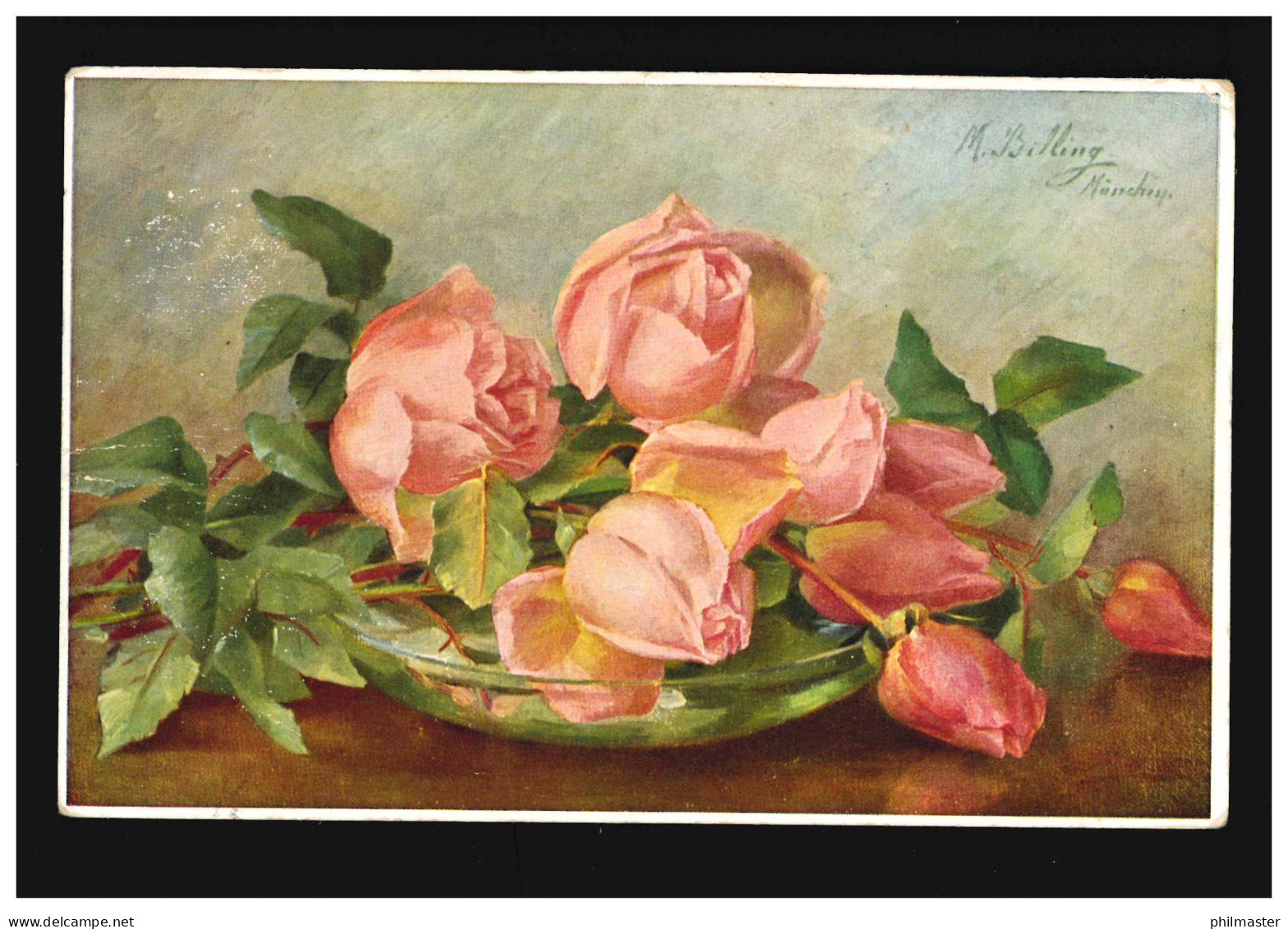 AK Blumen Rosen In Glasschale Stilleben Marie Billing Signiert, Uhingen 7.7.1910 - Sonstige & Ohne Zuordnung