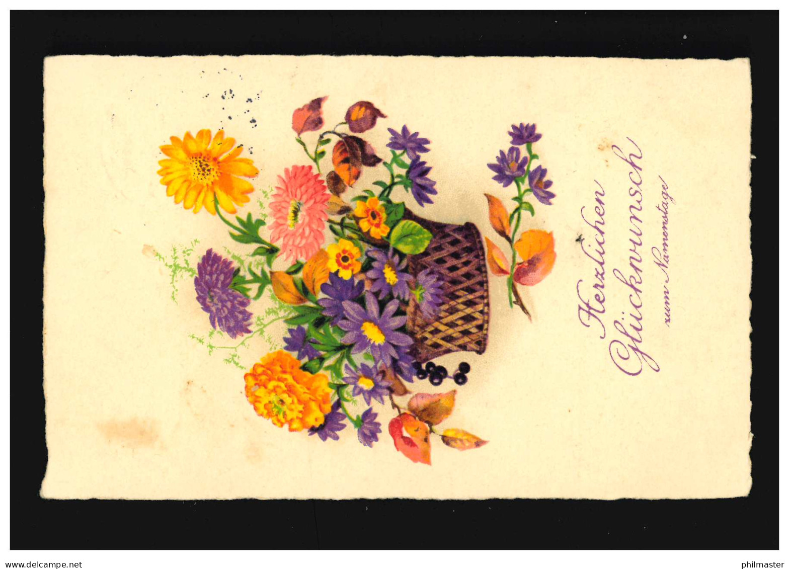 AK Blumen Korb Sommerblumen Gelb Lila Glückwunsch Namenstag, Simbach 23.11.1938 - Sonstige & Ohne Zuordnung