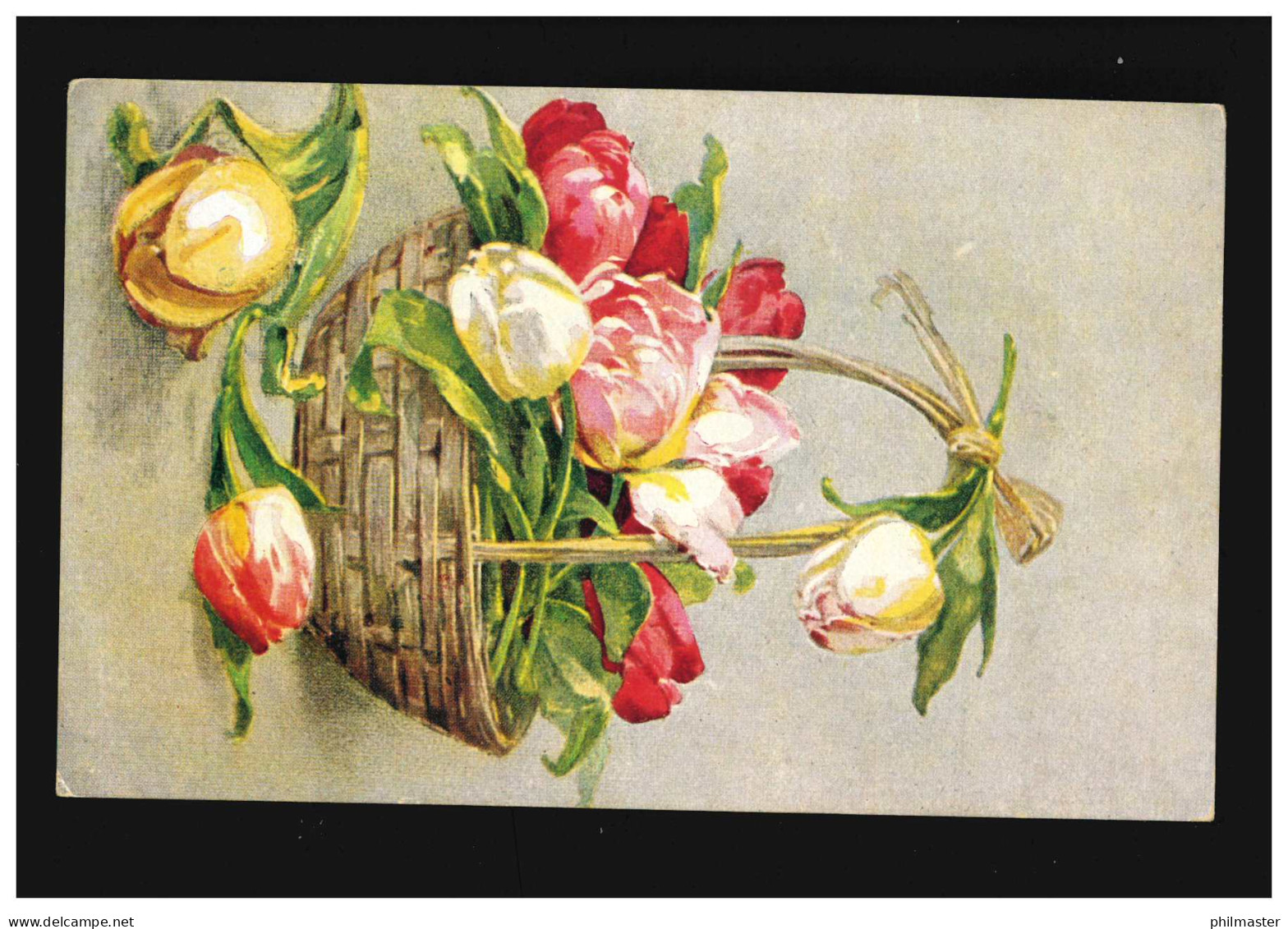 AK Blumen Stilleben Gelb Rote Tulpen Bastkorb Wien Gerstmayer, Gelaufen 5.1.1924 - Autres & Non Classés