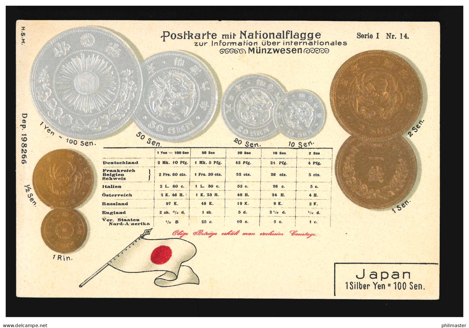 Prägekarte Japan Silber-Yen Sen Rin Währung Münzen Flagge, Ungebraucht - Other & Unclassified
