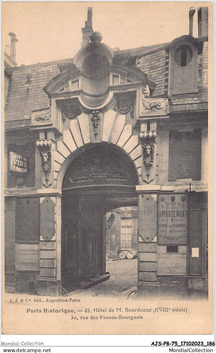 AJSP8-75-0803 - PARIS HISTORIQUE - Hôtel De M-bourdeaux - Rue Des Francs-bourgeois - Cafés, Hoteles, Restaurantes