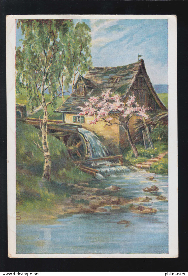 Landwirtschaft Mühle Am Fluss Birken Kunstkarte Landschaft,  Ungebraucht - Autres & Non Classés