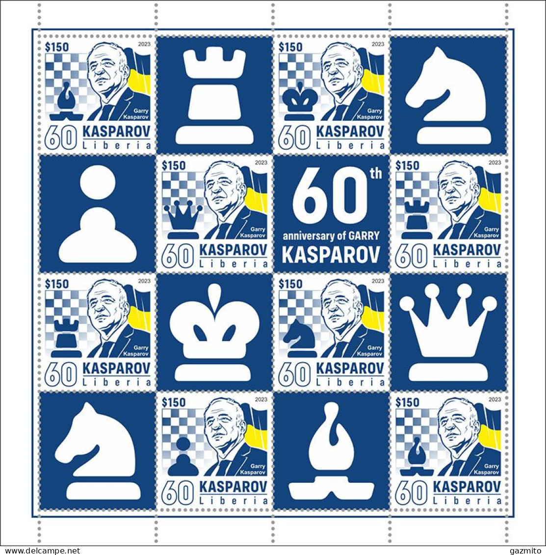 Liberia 2023, Chess, Kasparov, Ukrainian Flag, 8val In BF - Chess