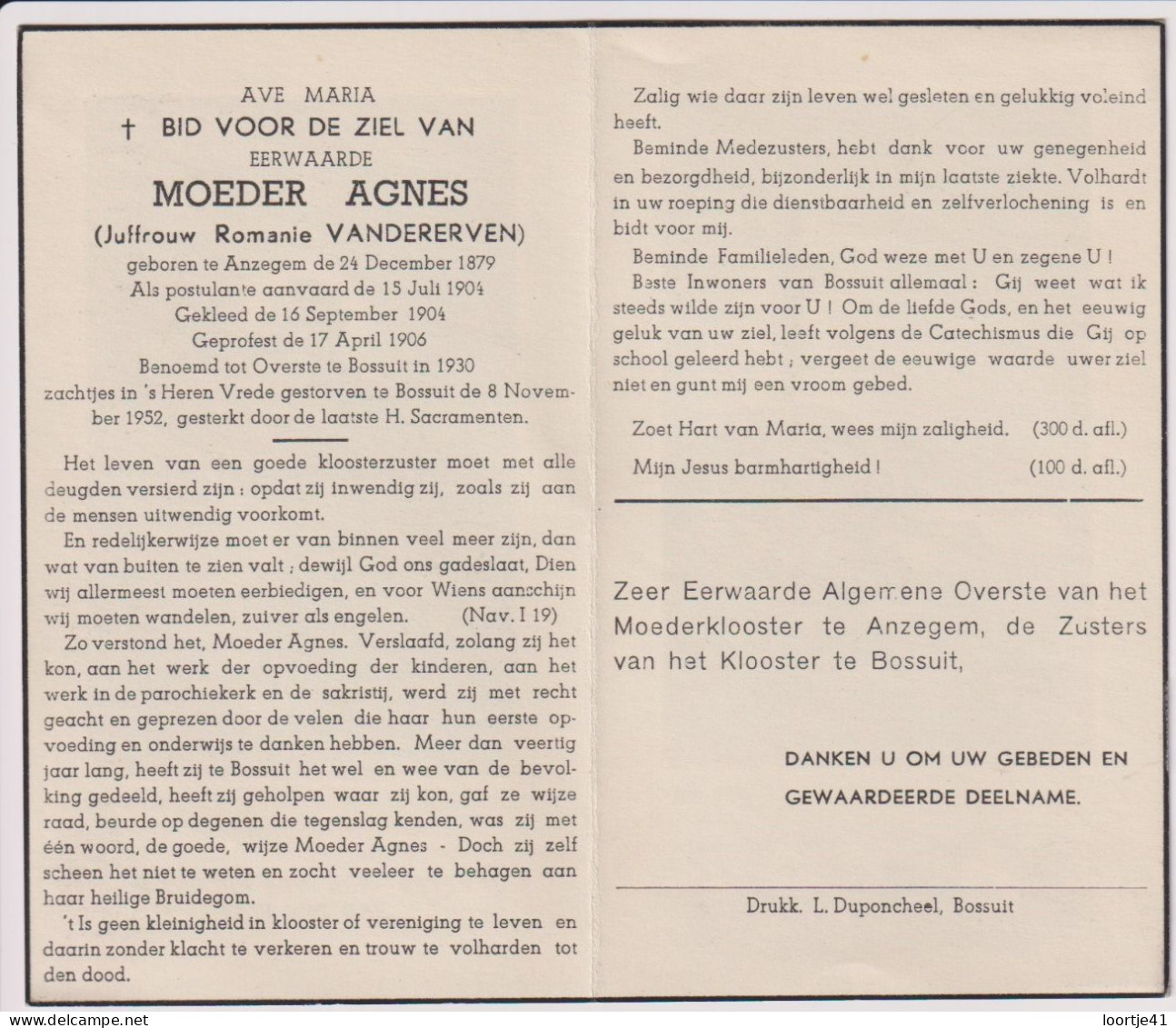 Devotie Doodsprentje Overlijden - Non Zuster Moeder Agnes - R. Vandererven - Anzegem 1879 - Bossuit 1952 - Décès