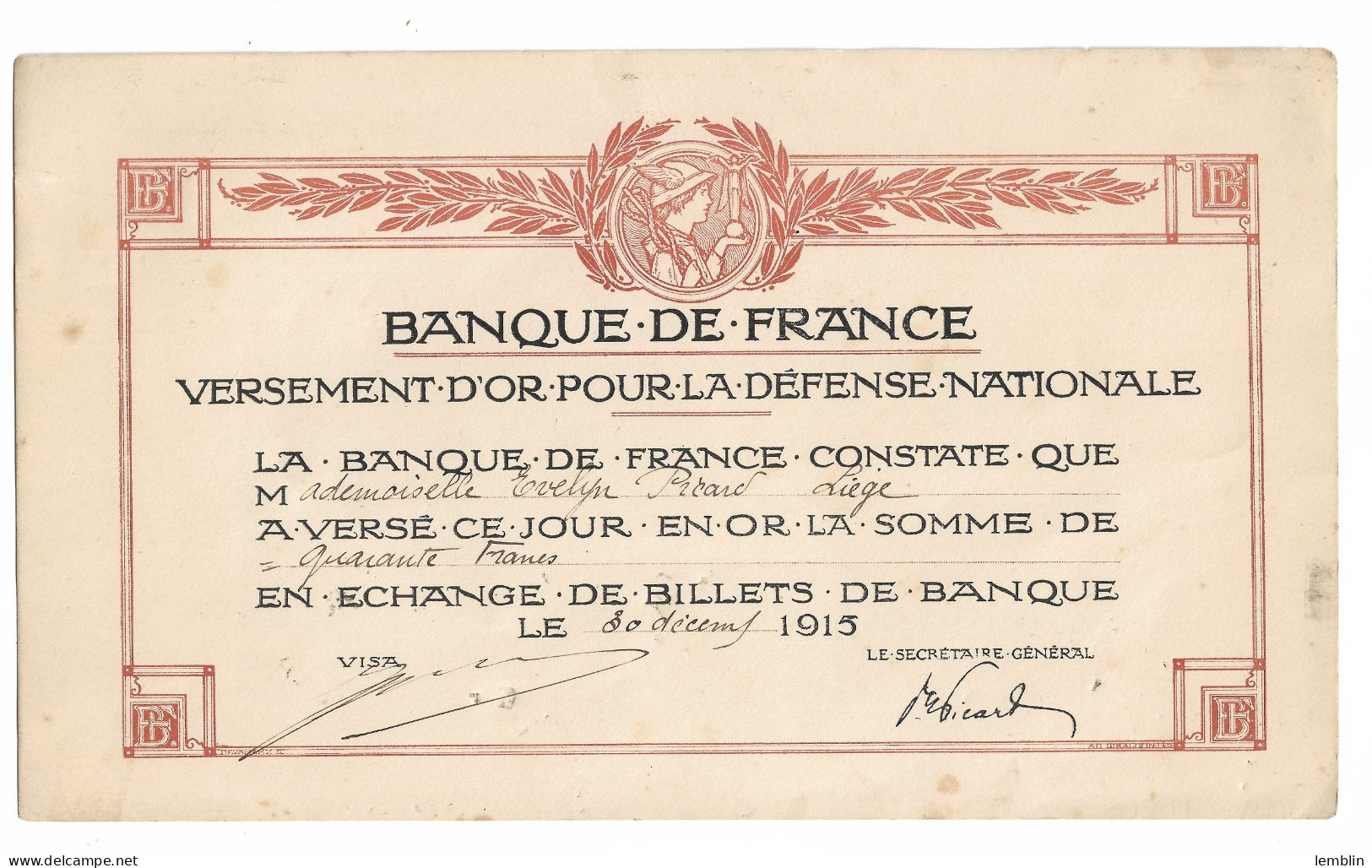 FRANCE - VERSEMENT OR POUR LA DEFENSE NATIONALE DE LA BANQUE DE FRANCE 1915 - Banque & Assurance