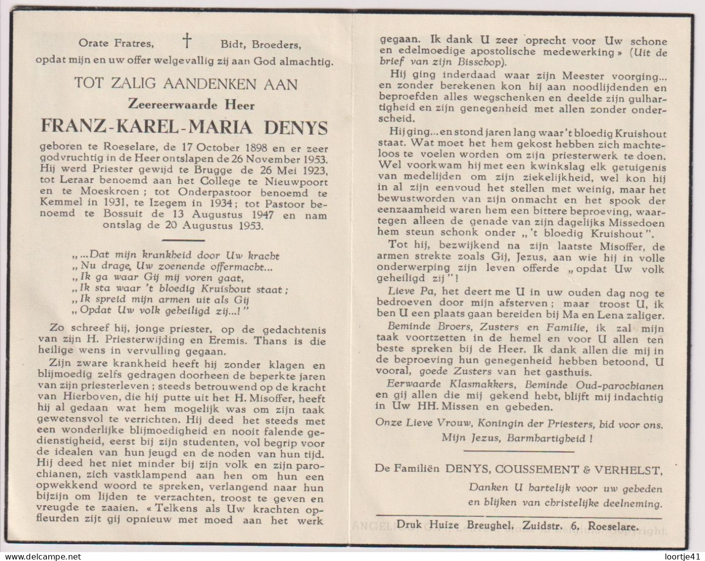 Devotie Doodsprentje - Pastoor Franz Denys - Roeselare 1898 - Nieuwpoort, Moeskroen, Kemmel, Izegem, Bossuit 1953 - Overlijden