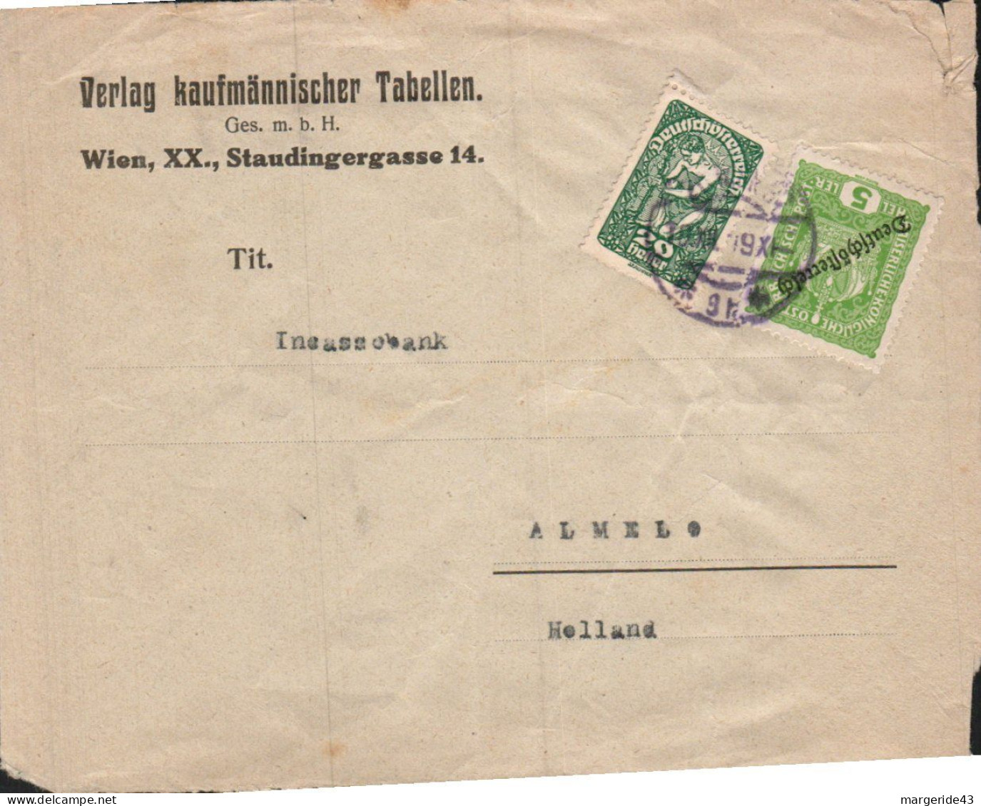 AUTRICHE AFFRANCHISSEMENT COMPOSE SUR LETTRE POUR LA HOLLANDE 1919 - Cartas & Documentos