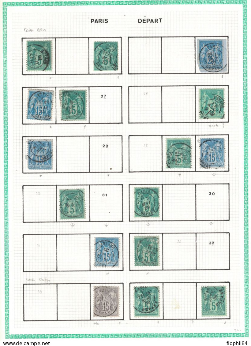 SAGE - PARIS DEPART - 3 PAGES 73 TIMBRES DONT: 3 CACHETS BLEUS - DIVERS N X6 (DE NUIT). - 1876-1898 Sage (Type II)