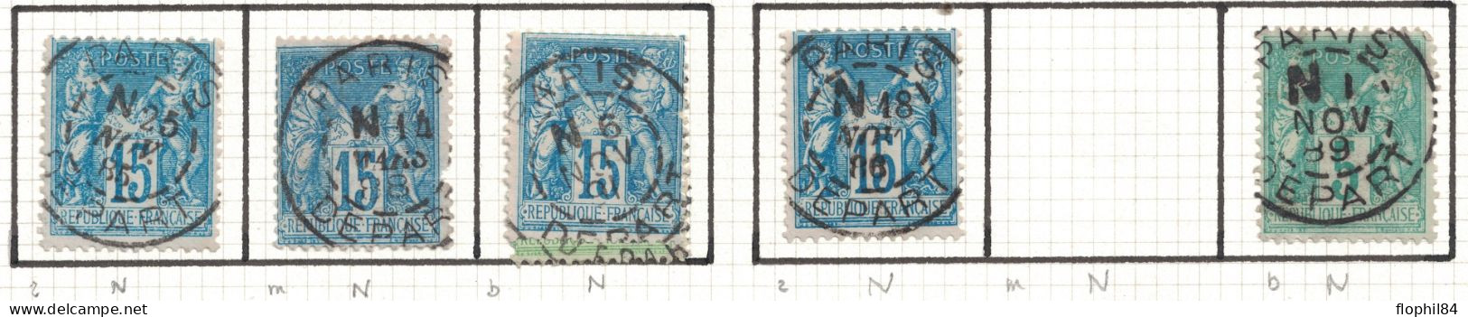 SAGE - PARIS DEPART - 3 PAGES 73 TIMBRES DONT: 3 CACHETS BLEUS - DIVERS N X6 (DE NUIT). - 1876-1898 Sage (Type II)