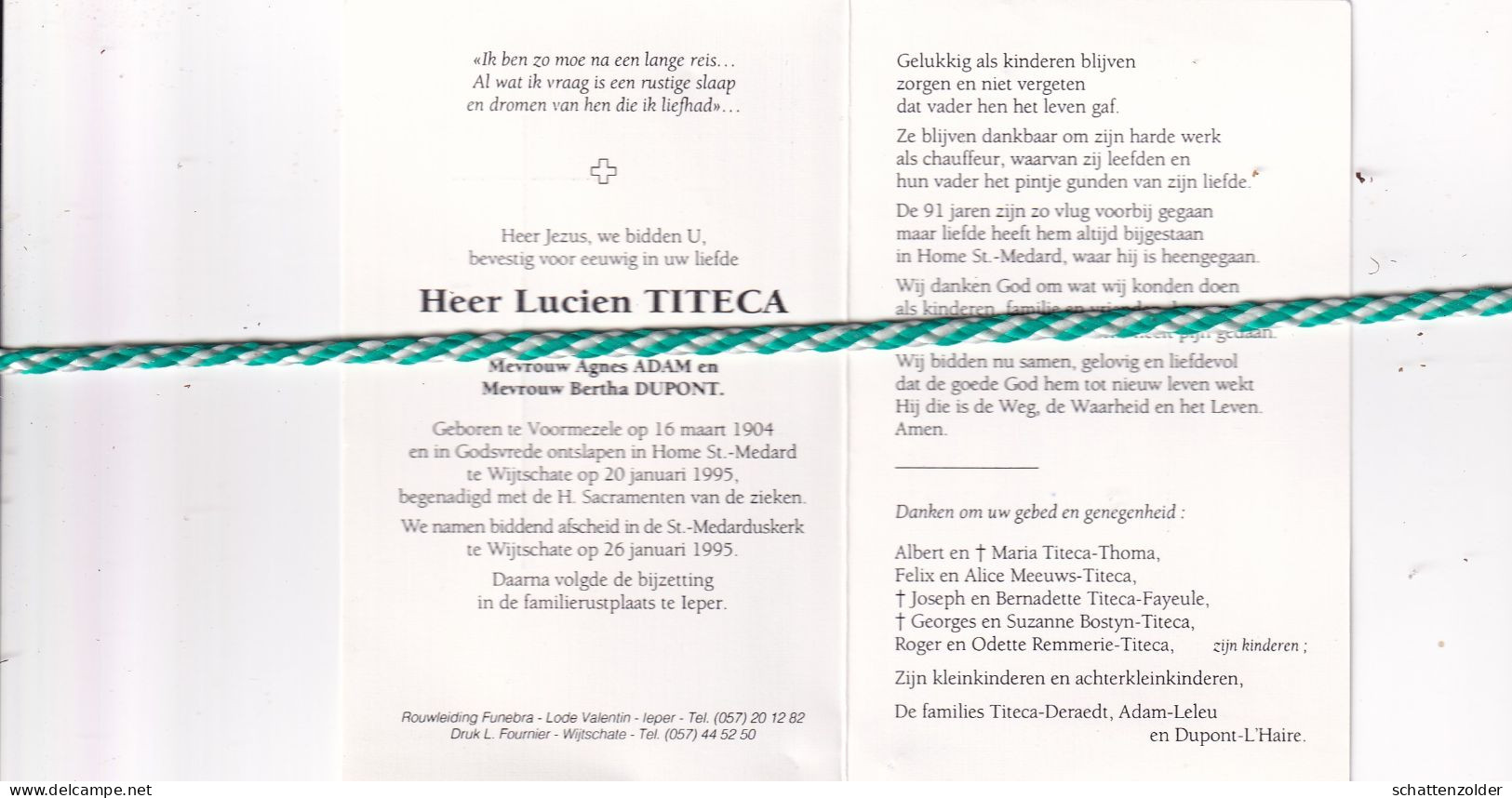 Lucien Titeca-Adam-Dupont, Voormezele 1904, Wijtschate 1995 - Overlijden