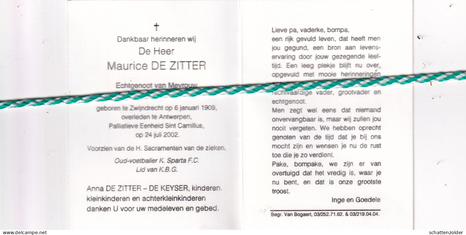 Maurice De Zitter-De Keyser, Zwijndrecht 1909, Antwerpen 2002. Foto - Obituary Notices