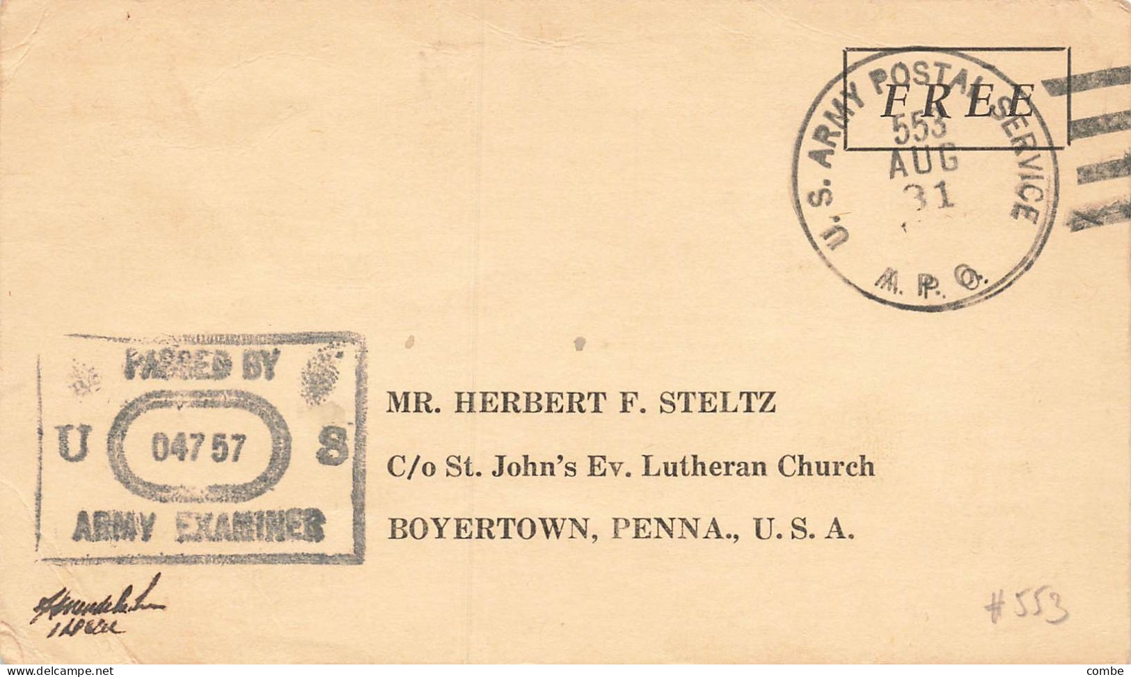 COVER. USA. 31 AUG 44. APO 553. FORMIGNY. FRANCE - Storia Postale