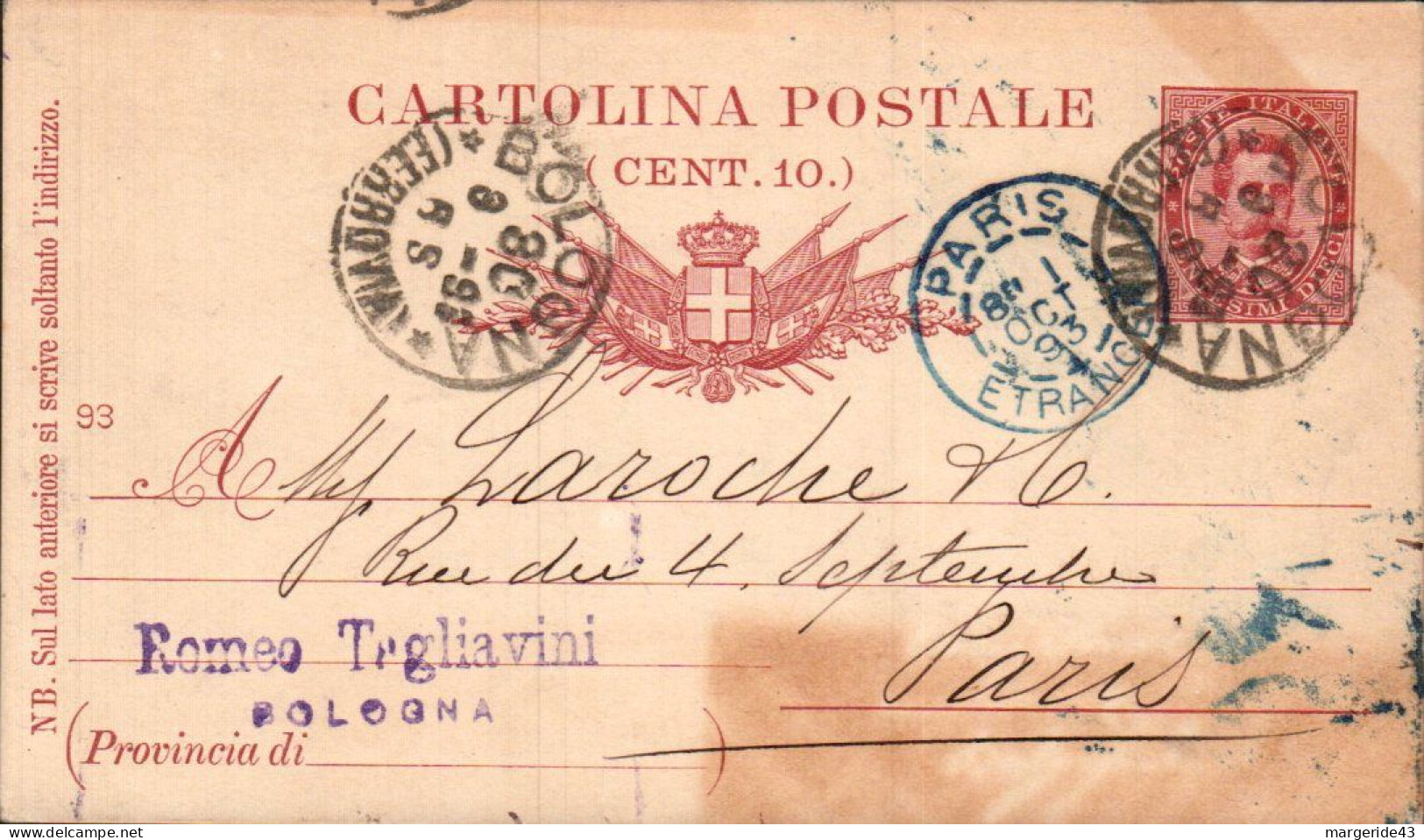 ITALIE ENTIER CARTE DE BOLOGNA POUR LA FRANCE 1893 - Poststempel