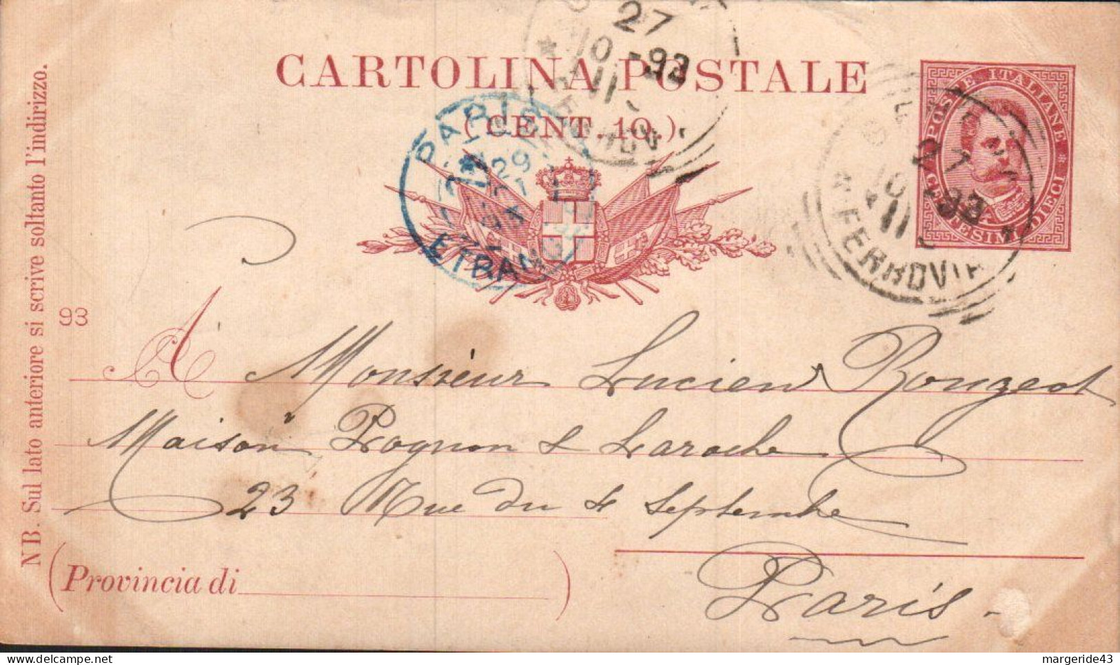 ITALIE ENTIER CARTE DE GENOVA POUR LA FRANCE 1893 - Marcofilía