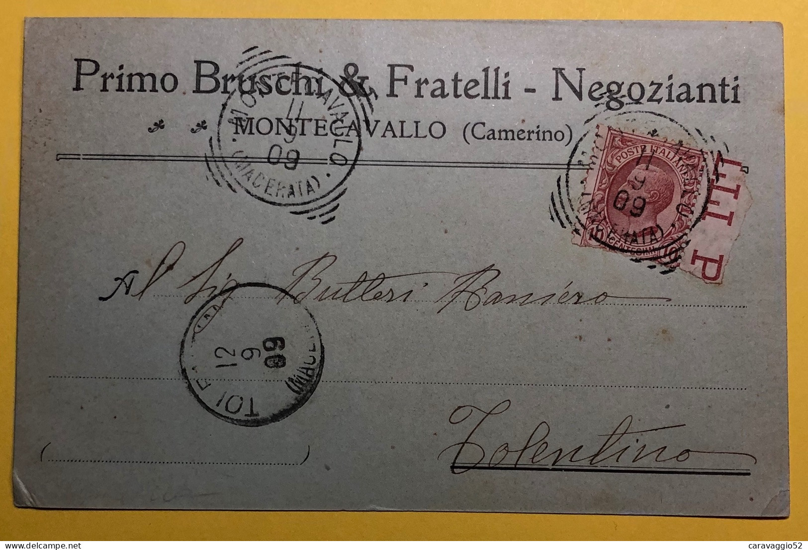 1909 MONTECAVALLO MACERATA BOLLO TONDO RIQ SU CARTOLINA COMM X TOLENTINO - Marcophilia