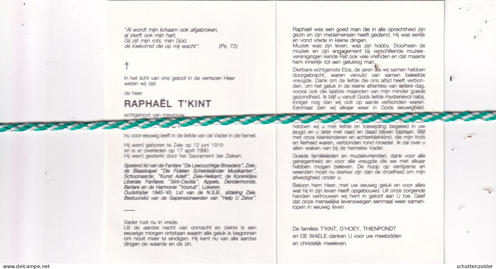 Raphaël T'Kint-D'Hoey, Zele 1919, 1990. Oud-strijder 40-45; Foto - Obituary Notices