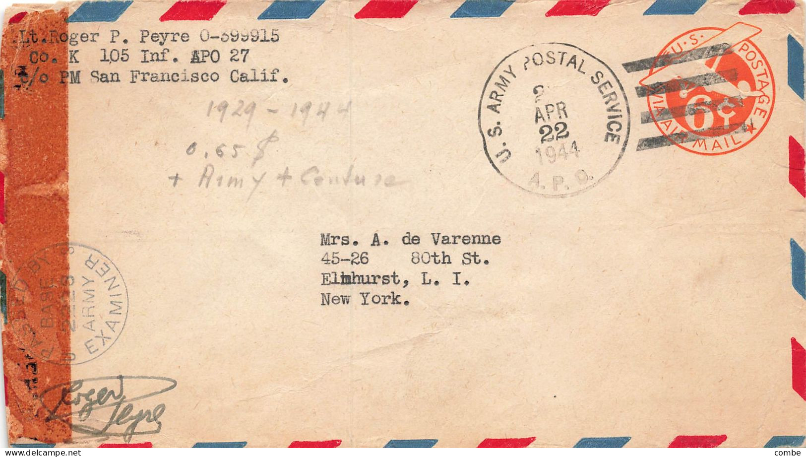 COVER. USA. 22 APR 1944. APO 27. ENIWITOK. MARSHALLS. CENSOR - Lettres & Documents