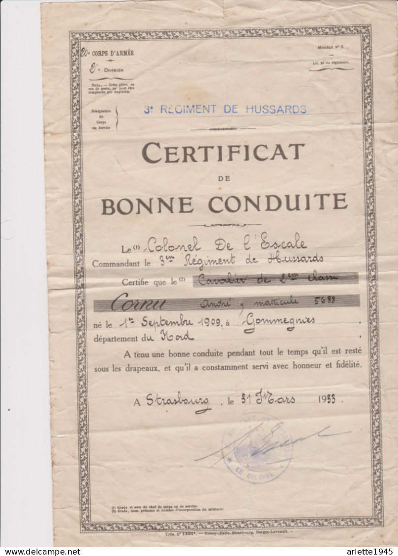20em CORPS D'ARMEE 3em REt DE HUSSARDS CERTIFICAT DE BONNE CONDUITE HABITANT GOMMEGNIES (NORD) 1933 - 1939-45
