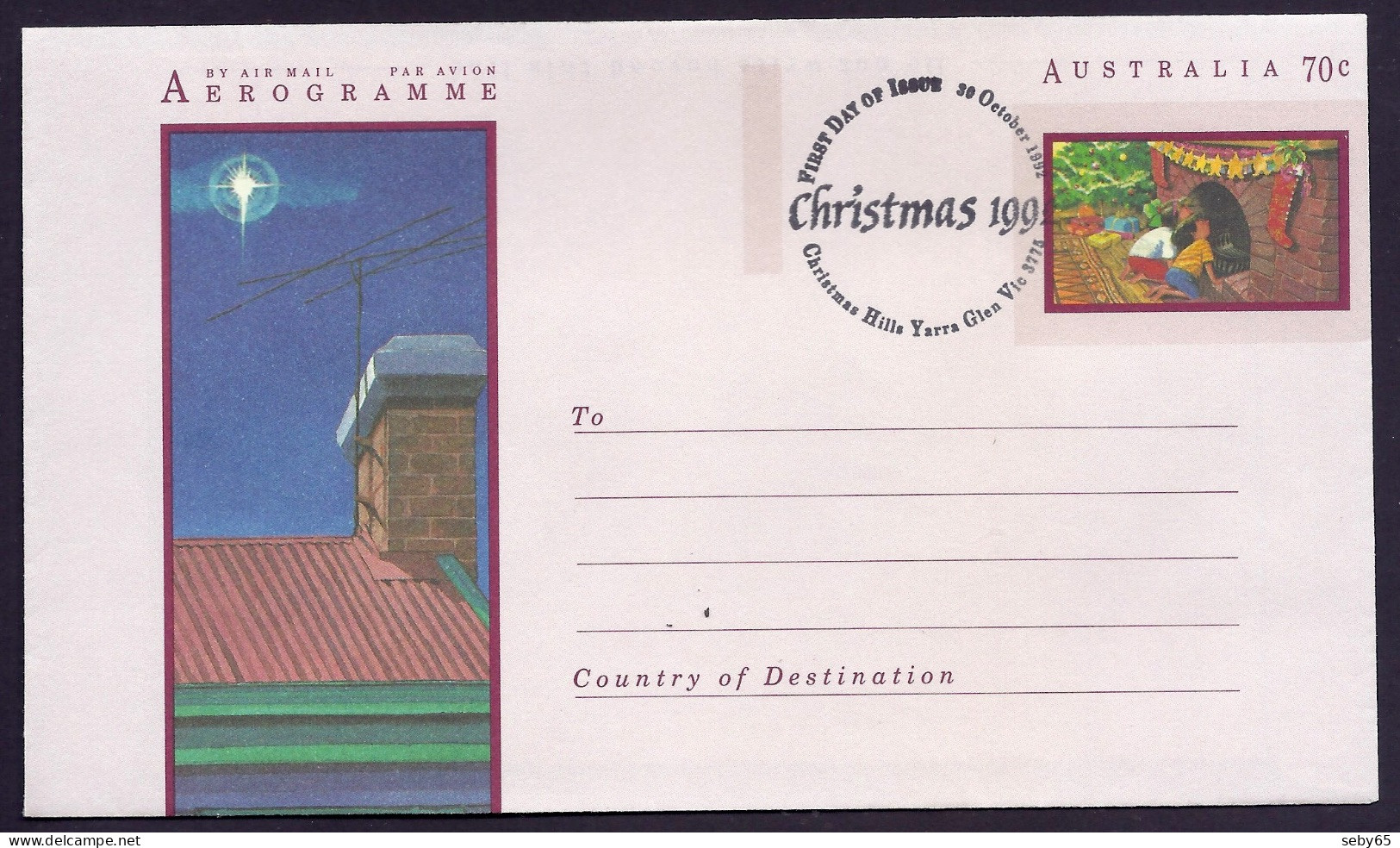 Australia 1992 Aerogramme - Christmas, Noel, Natale, Nativity, 70c - FDC Postmark - Aerogramas