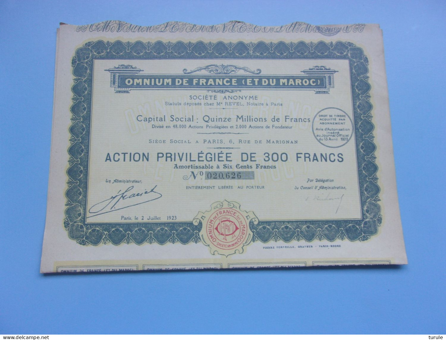 OMNIUM DE FRANCE ET DU MAROC (300 Francs) - Sonstige & Ohne Zuordnung