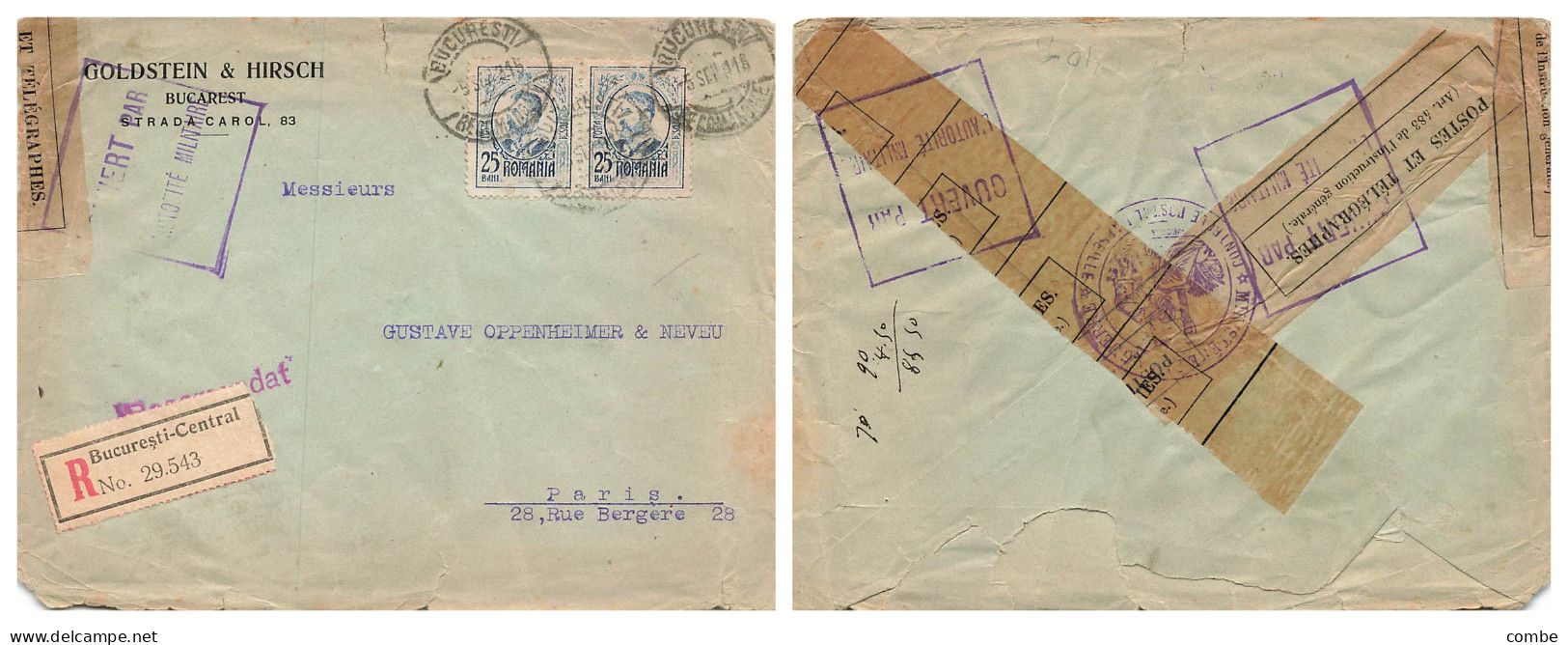 LETTRE. ROUMANIE. 5 SEPT 15. RECOMMANDE BUCURESTI POUR PARIS. CENSURE - Cartas & Documentos