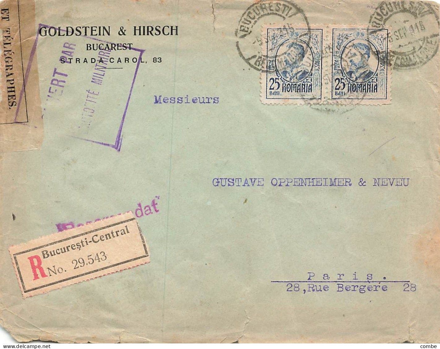 LETTRE. ROUMANIE. 5 SEPT 15. RECOMMANDE BUCURESTI POUR PARIS. CENSURE - Lettres & Documents