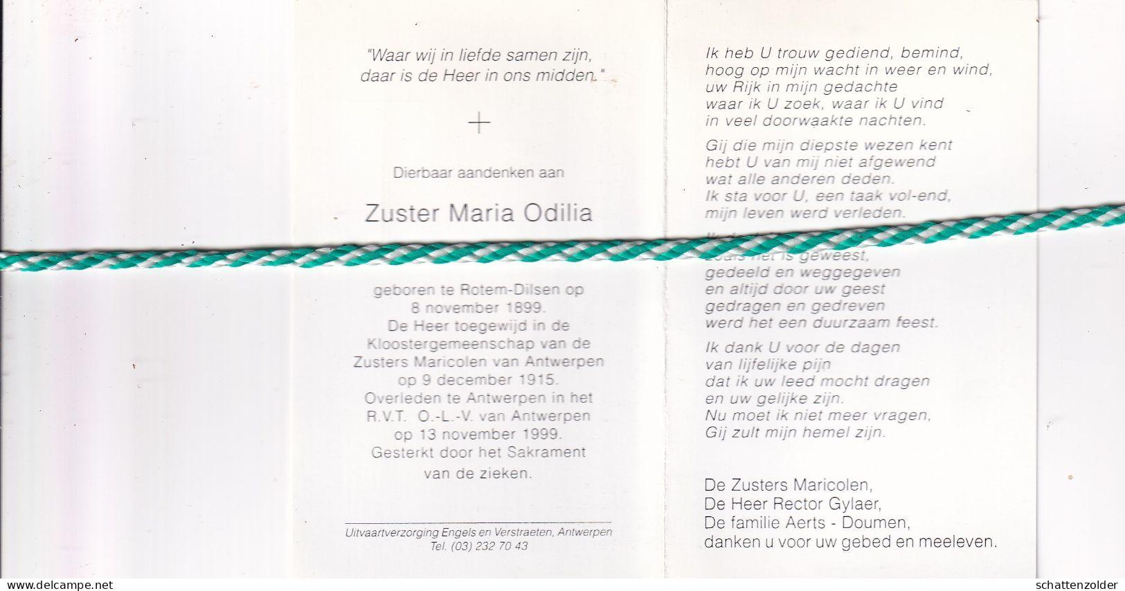 Zuster Maria Odilia (Maria Hubertina Louisa Aerts), Rotem-Dilsen 1899, Antwerpen 1999. Honderdjarige - Obituary Notices