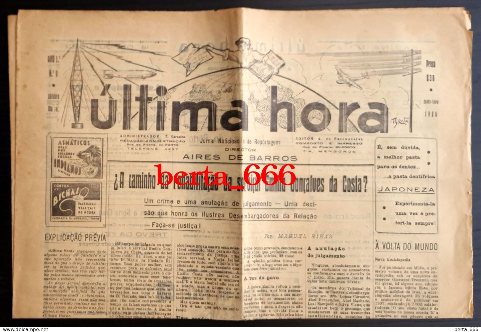 Jornal ULTIMA HORA * Notícias E Reportagem * Porto 1936 - Allgemeine Literatur