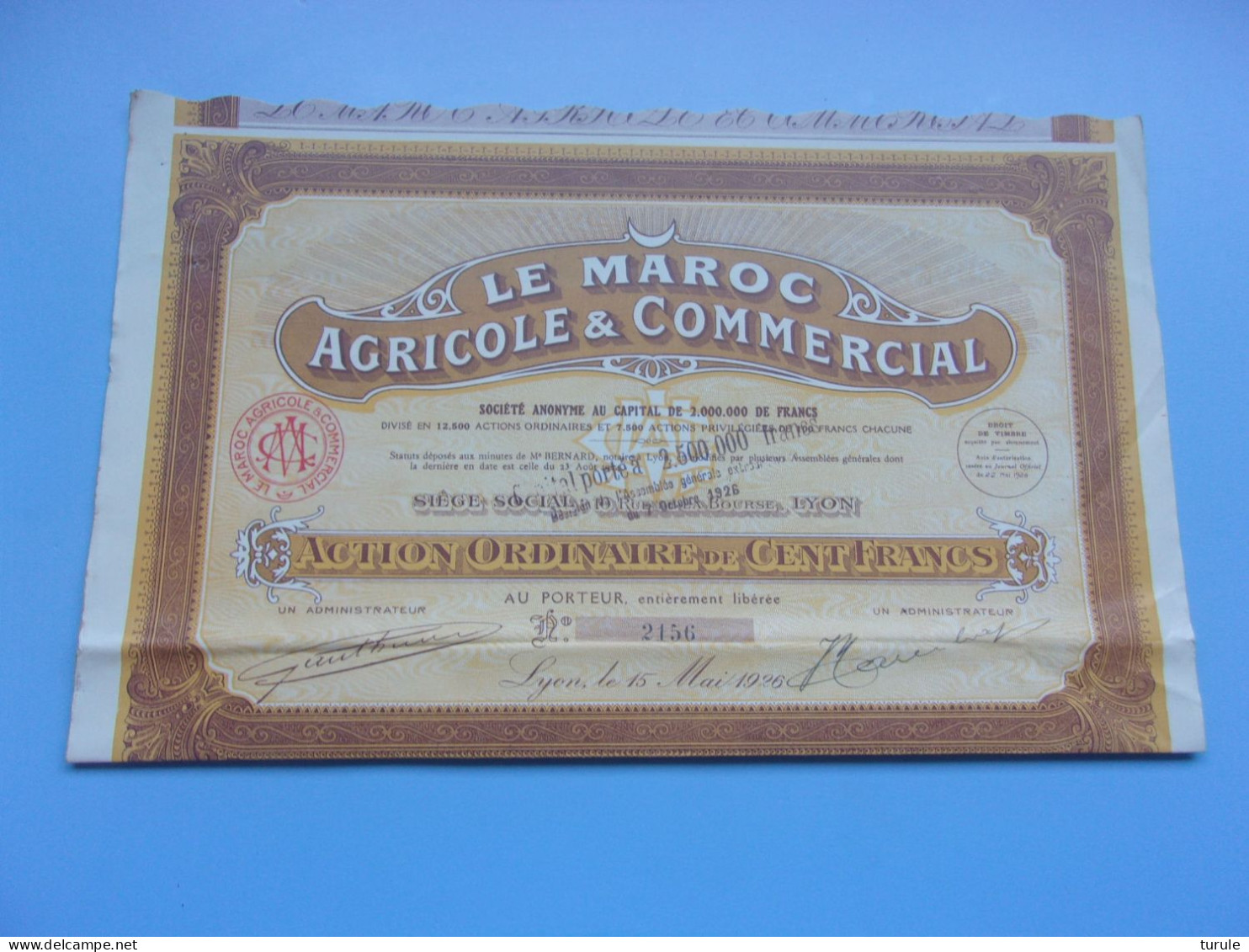 LE MAROC AGRICOLE & COMMERCIAL (ordinaire 100 Francs)1926 - Sonstige & Ohne Zuordnung
