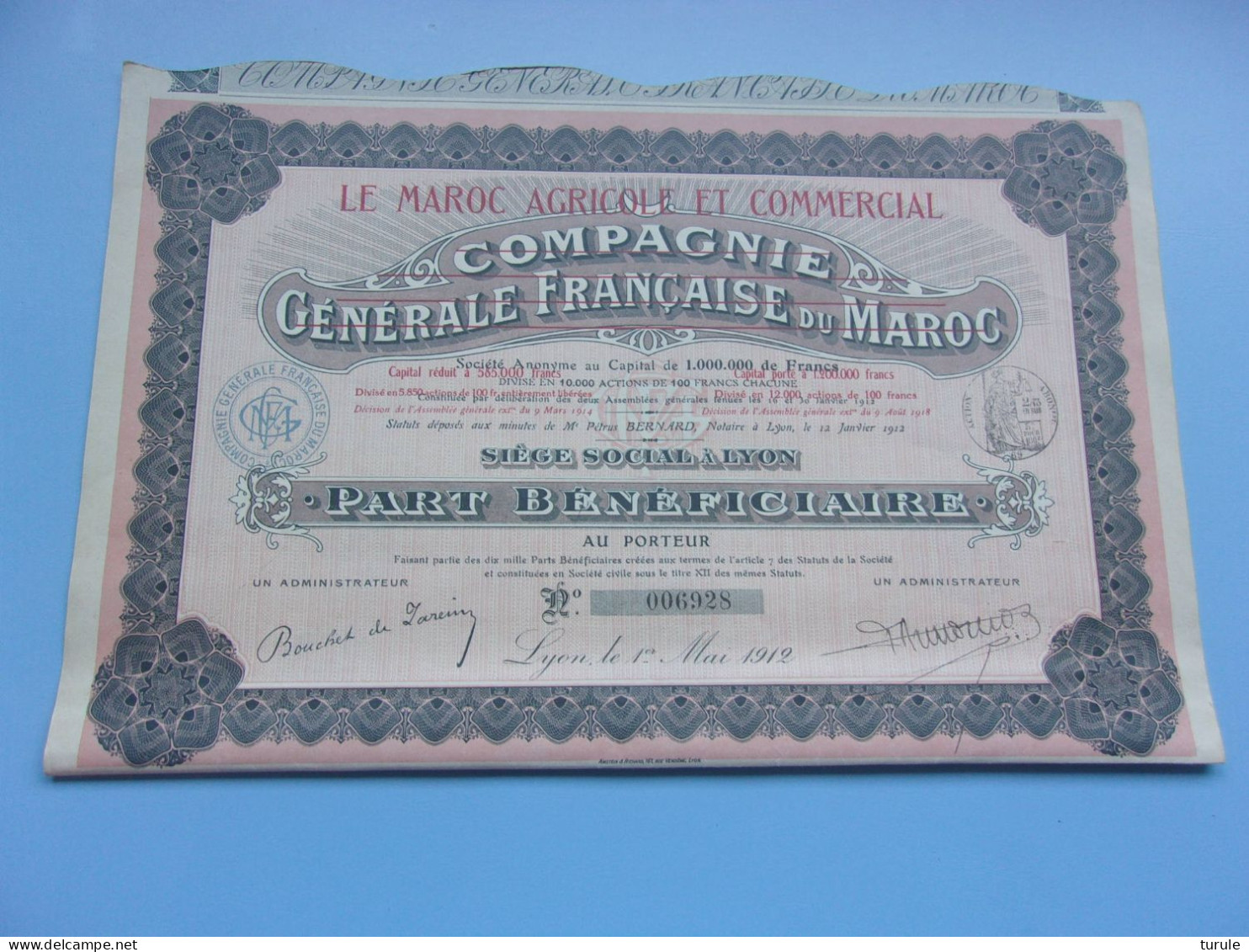 LE MAROC AGRICOLE & COMMERCIAL (bénéficiaire)1912 - Andere & Zonder Classificatie