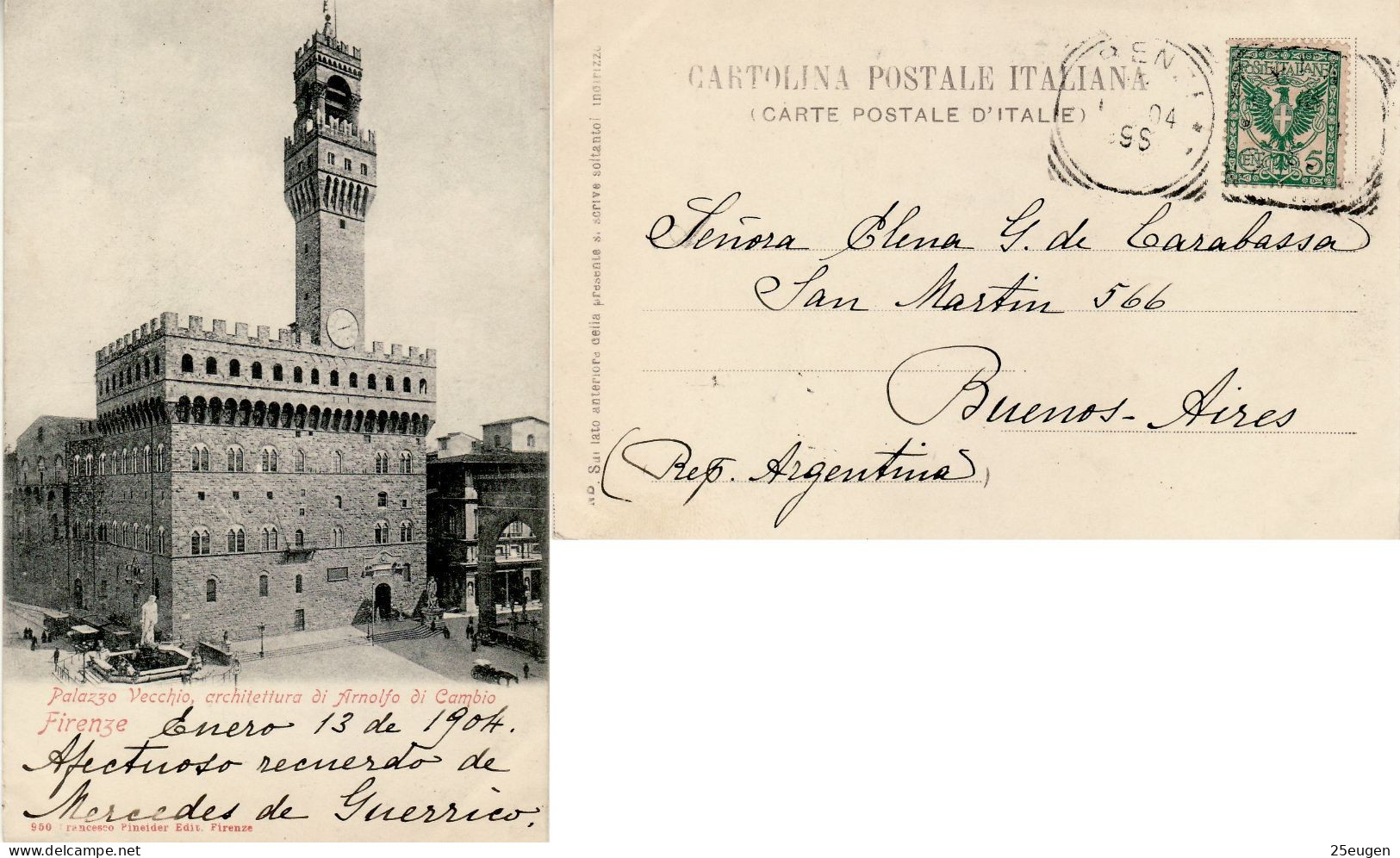 ITALY 1904 POSTCARD SENT FROM FIRENZE TO BUENOS AIRES - Marcophilia