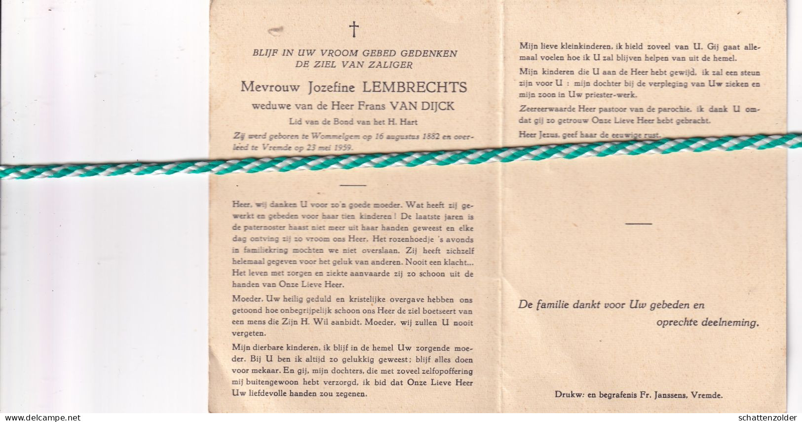 Jozefine Lembrechts-Van Dijck, Wommelgem 1882, Vremde 1959 - Obituary Notices