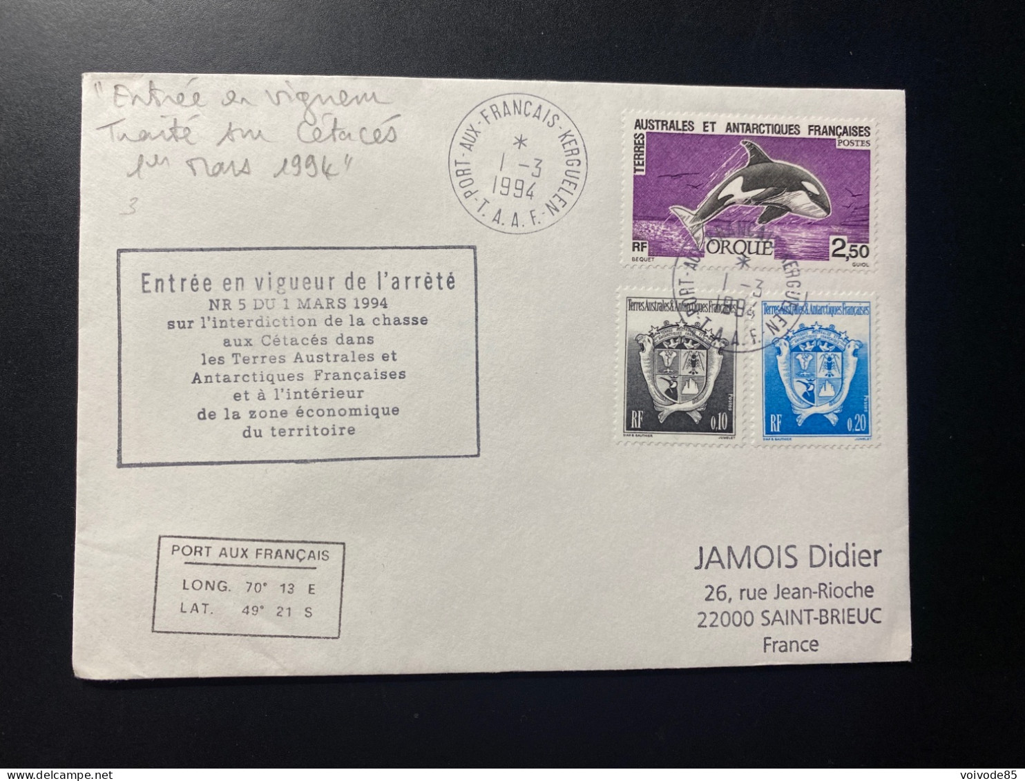 Lettre "TAAF" - 01/03/1994 - 171 - 177 - 163 - TAAF - Kerguelen - Orques - Cétacés - Covers & Documents